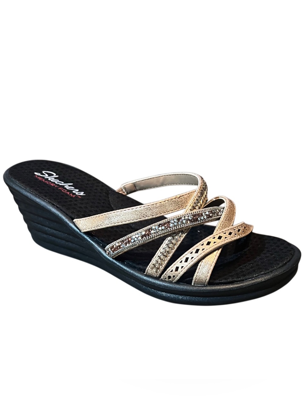 Skechers Cali Gold/Rhinestone Strappy Wedge Sandal Sz 9